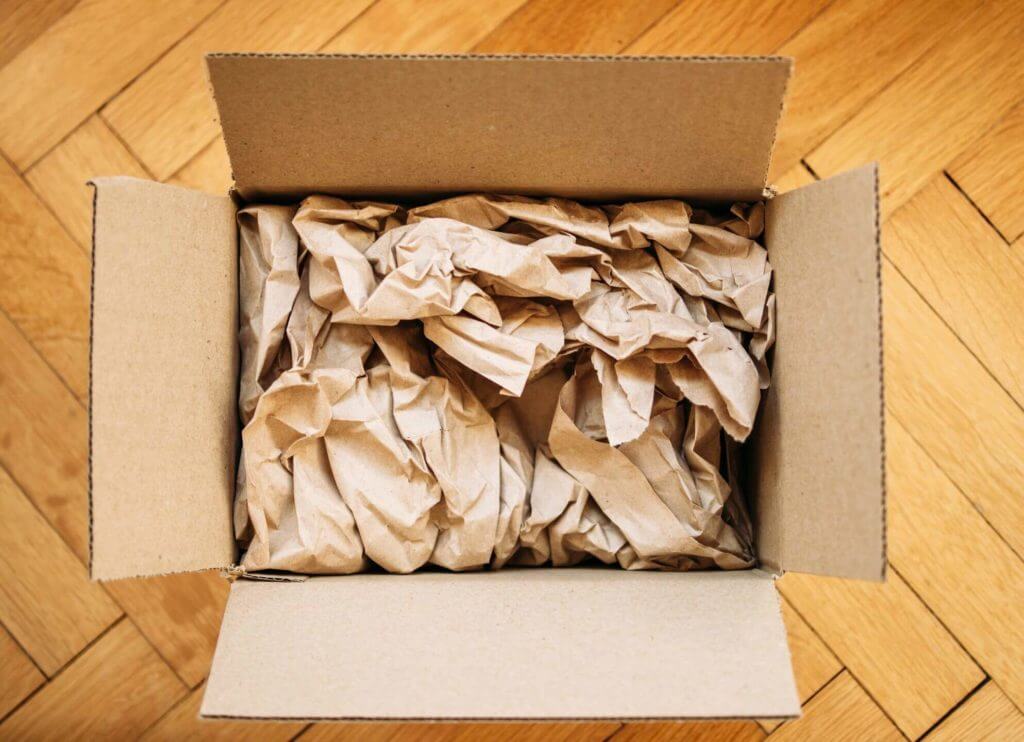 A box filled with packing paper