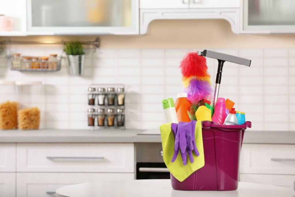 Cleaning supplies in a kitchen