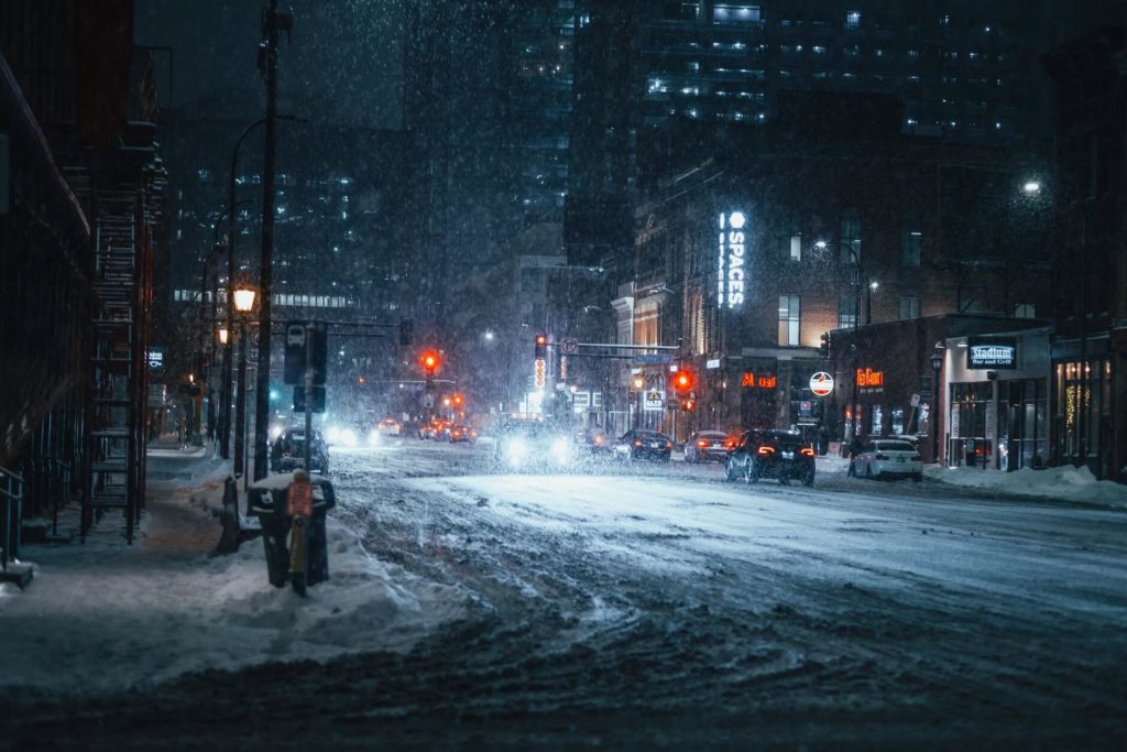 a view of a snow-covered street in Minneapolis, Minnesota