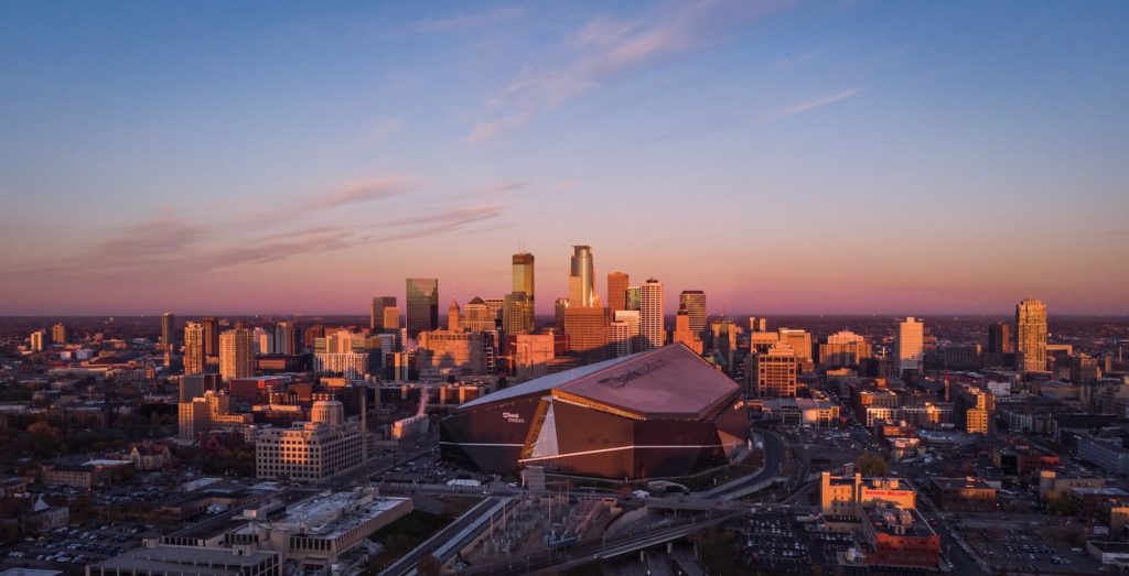 an aerial view of the Minnesota Vikings' training stadium in Minneapolis