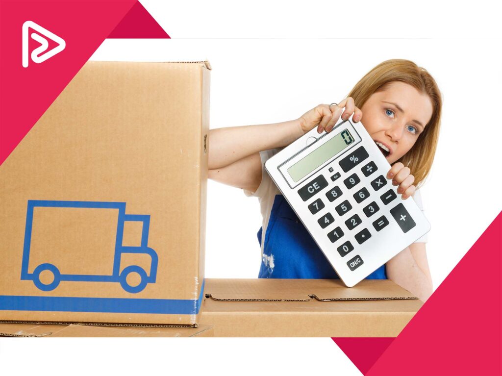 girl with a calculator and boxes Long Distance Movers logo