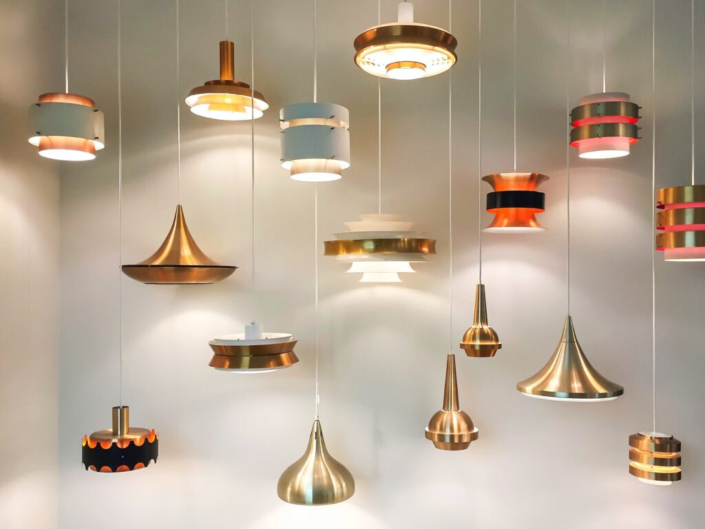 A dozen lamps hanging from the ceiling