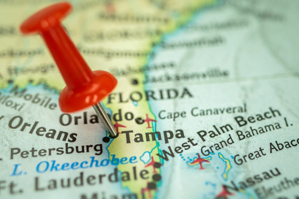 A red pin pointing to Tampa on a Pat
