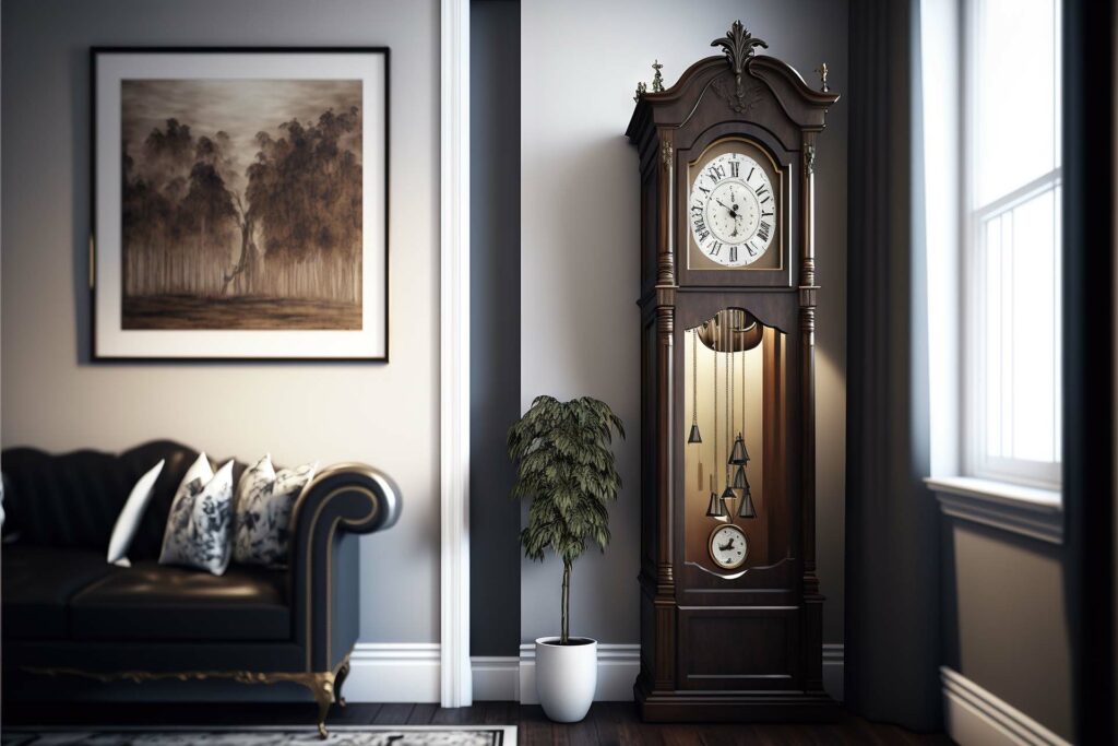 a grandfather clock sitting in a living room next to a couch and a window with a picture on it and a potted plant in front of it on the floor next to the clock. .
