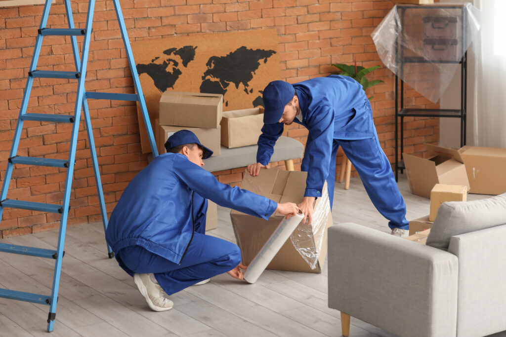 Professional movers packing boxes inside a New York apartment
